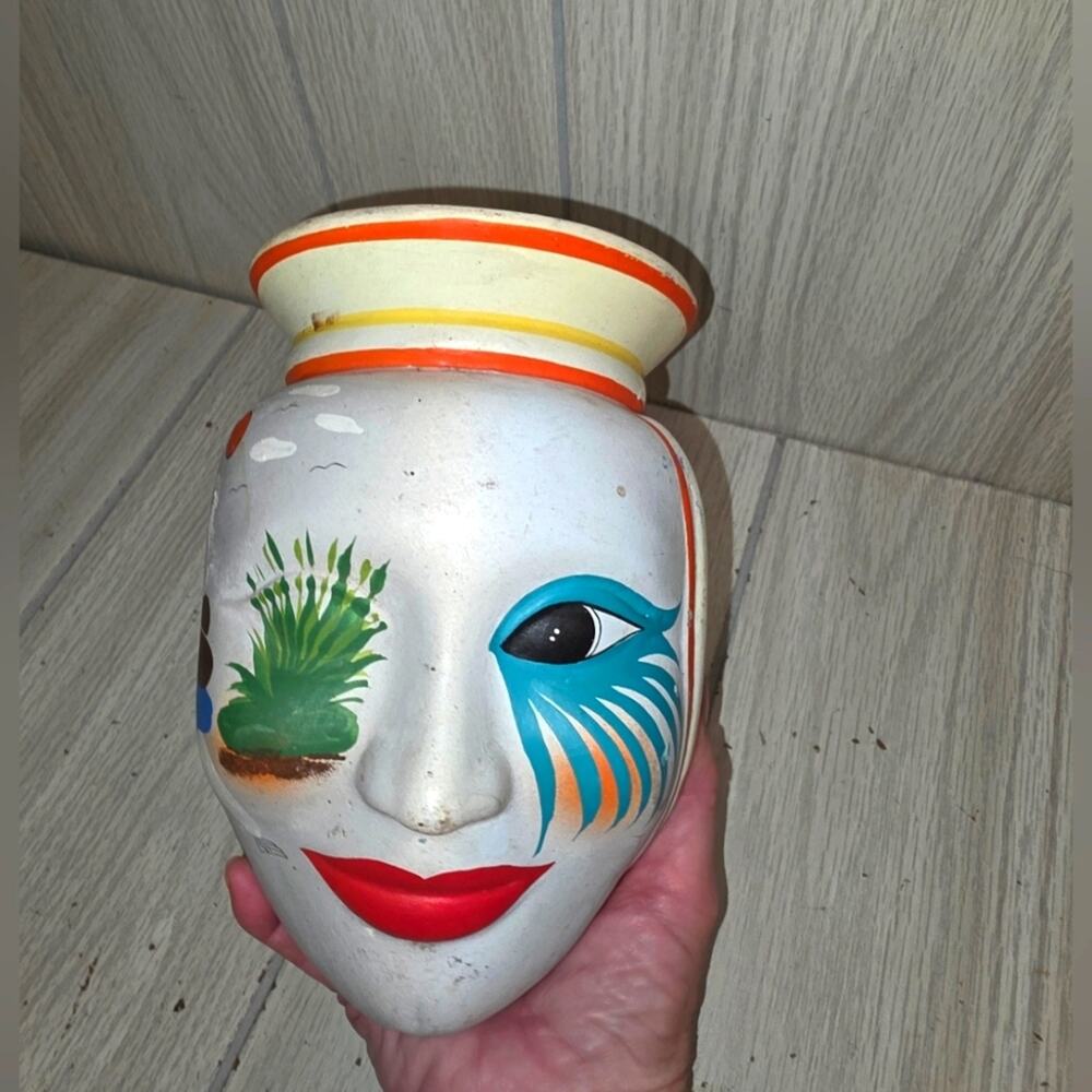 Vtg Mexican Folk Art Pottery Head Vase Mask Hand Painted Unique Signed Planter